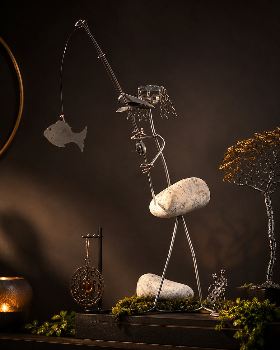 Deko-Figur aus Metall und Stein, angelnde Figur mit Fisch