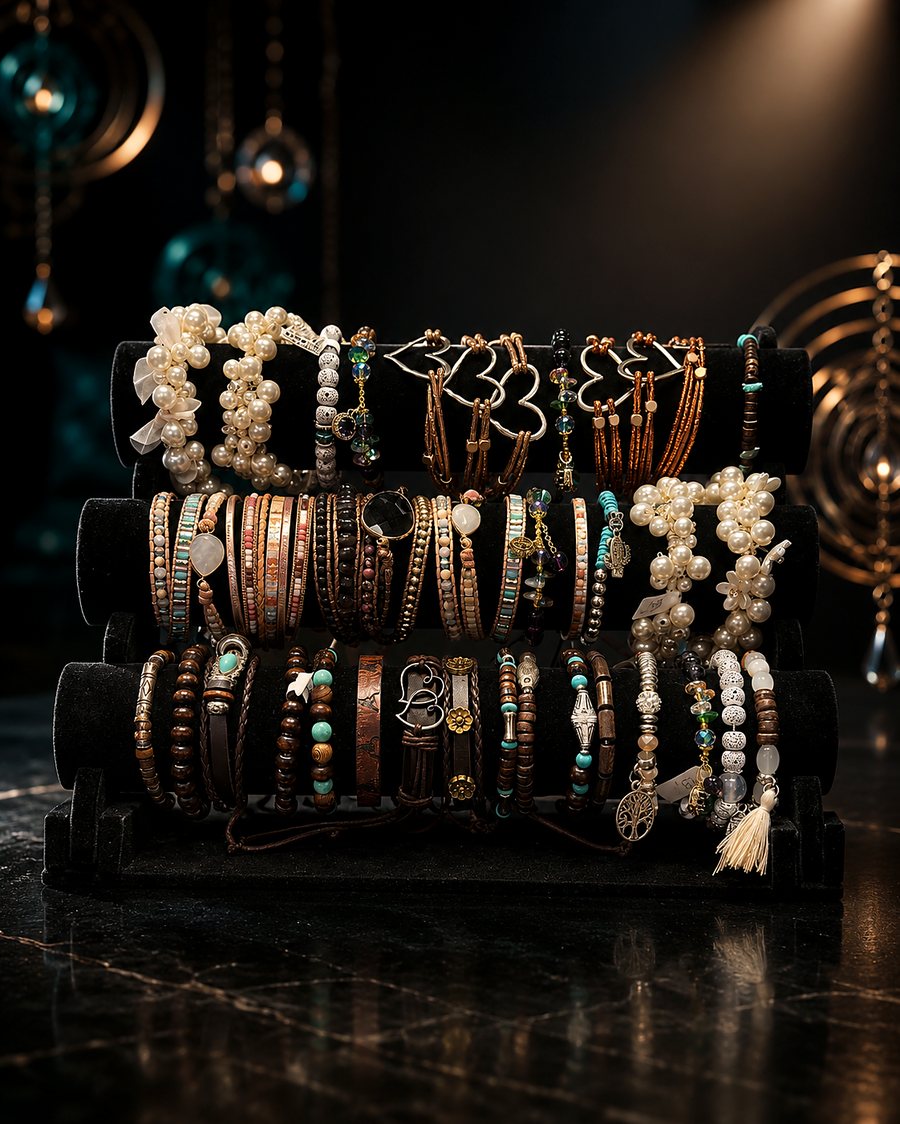 Auswahl handgefertigter Armbänder aus Perlen, Naturstein und Leder auf einem Ständer